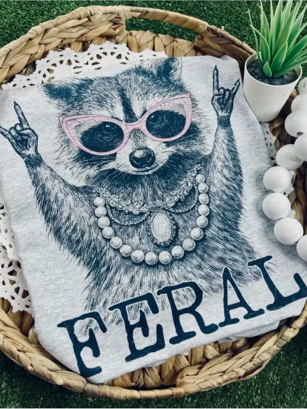 Feral raccoon bling necklace vintage washed chic boho graphic tunic top shirt